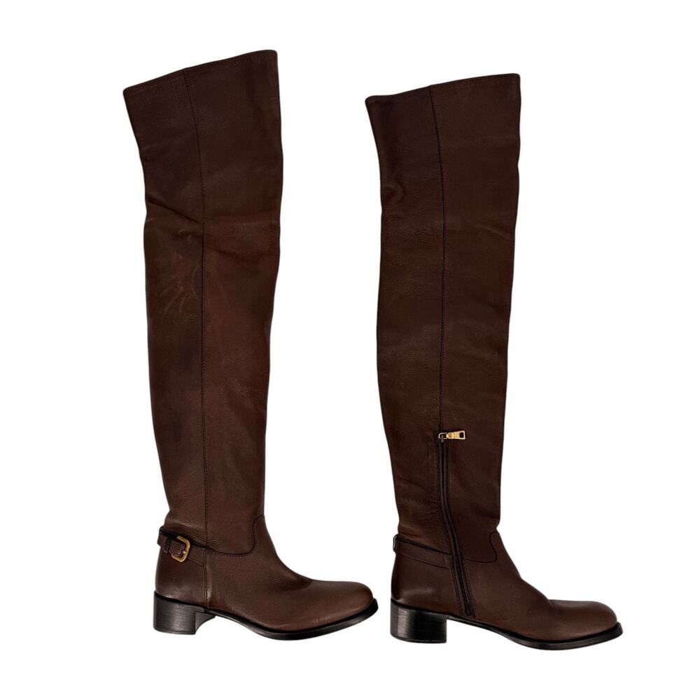 Prada Leather Over-The-Knee Round Toe Riding Boots Brown Women's Size 37